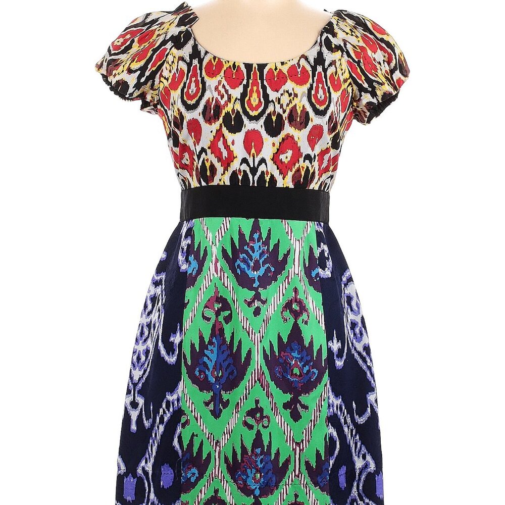🌈Phoebe Couture Silk Puff Sleeve Colorful Dress Size 10 Whimsical Patchwork